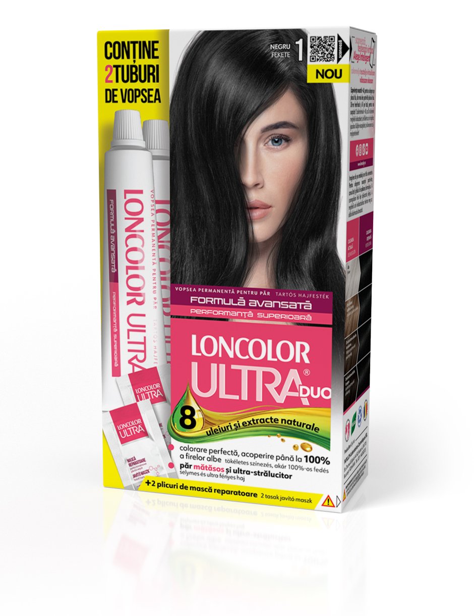 Vopsea permanentă pentru păr, cu amoniac, LONCOLOR ULTRA DUO 1 Negru