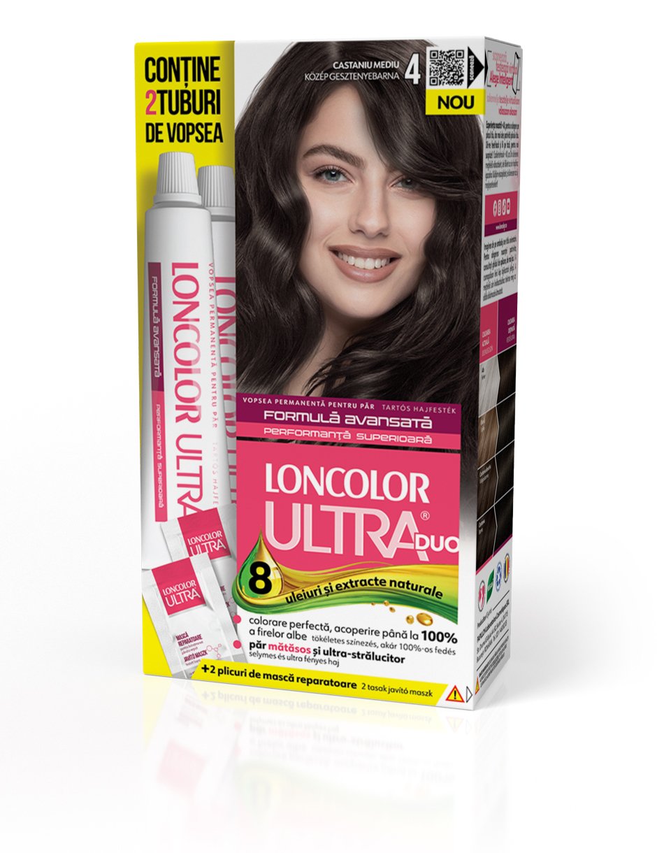 Vopsea permanentă pentru păr, cu amoniac, LONCOLOR ULTRA DUO 4 Castaniu Mediu