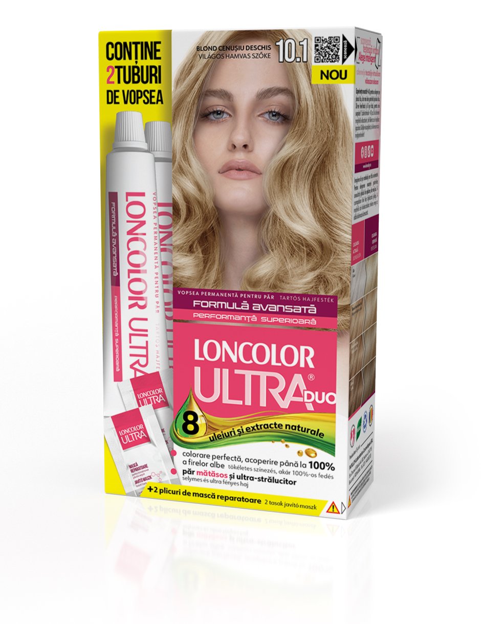 Vopsea permanentă pentru păr, cu amoniac, LONCOLOR ULTRA DUO 10.1 Blond Cenușiu Deschis