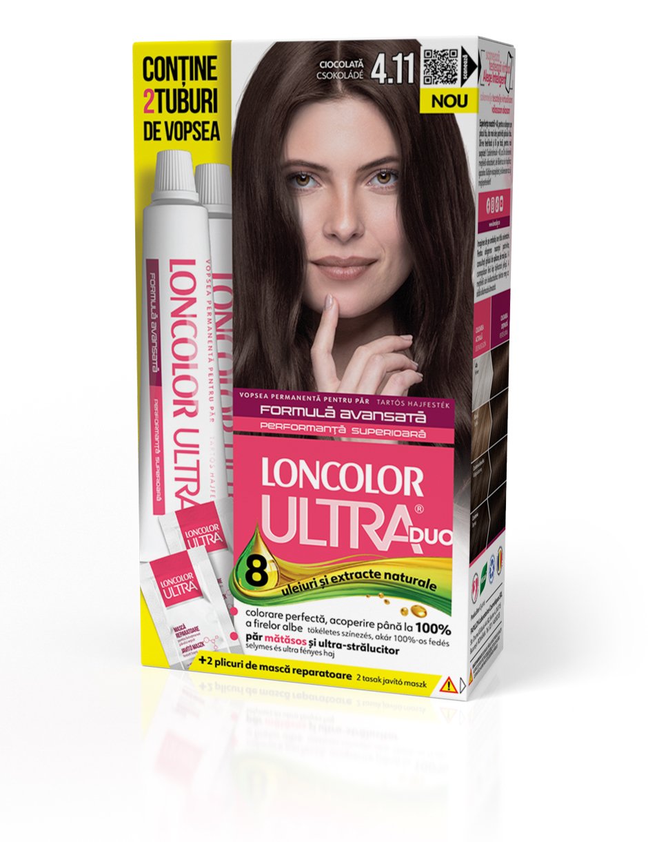 Vopsea permanentă pentru păr, cu amoniac, LONCOLOR ULTRA DUO 4.11 Ciocolată