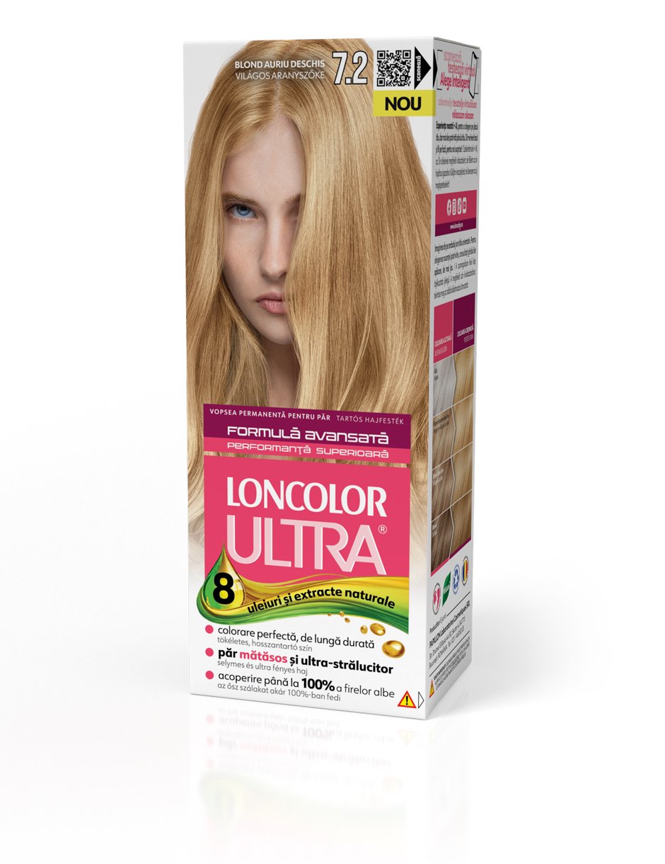 Vopsea permanentă pentru păr, cu amoniac, LONCOLOR ULTRA  7.2 Blond Auriu Deschis
