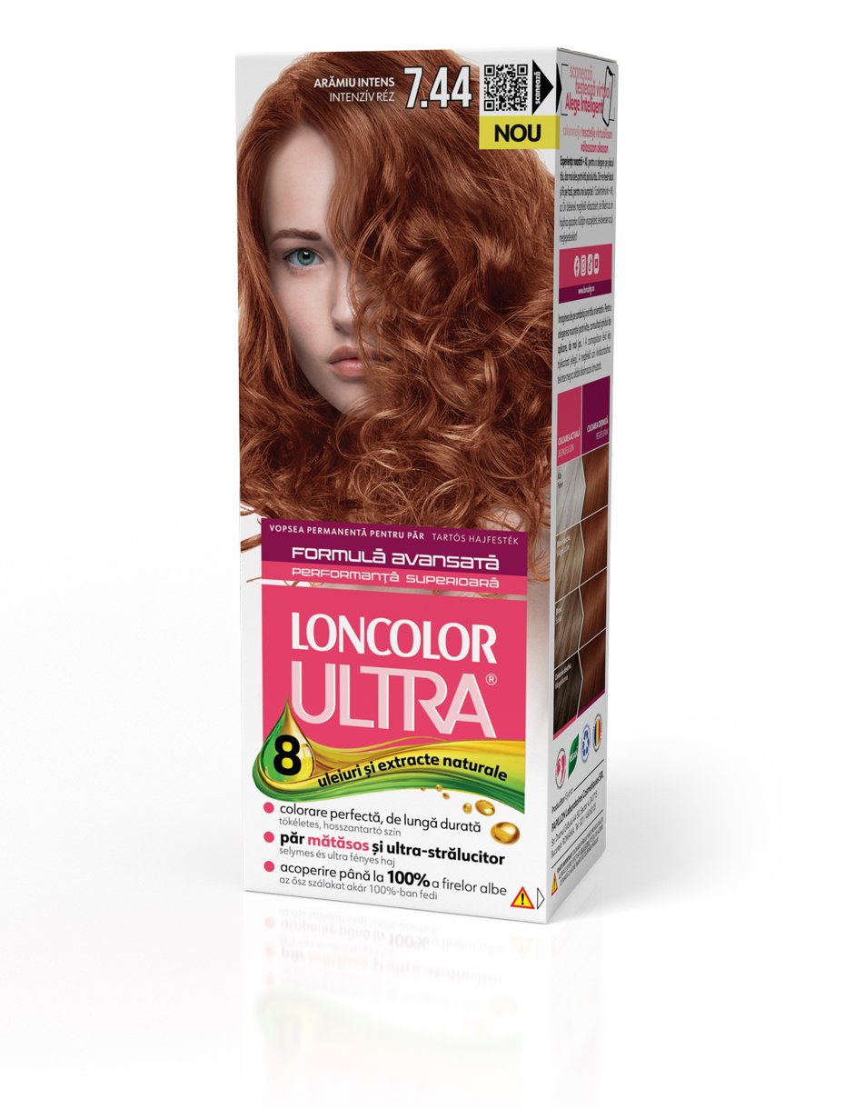 Vopsea permanentă pentru păr, cu amoniac, LONCOLOR ULTRA 7.44 Arămiu Intens