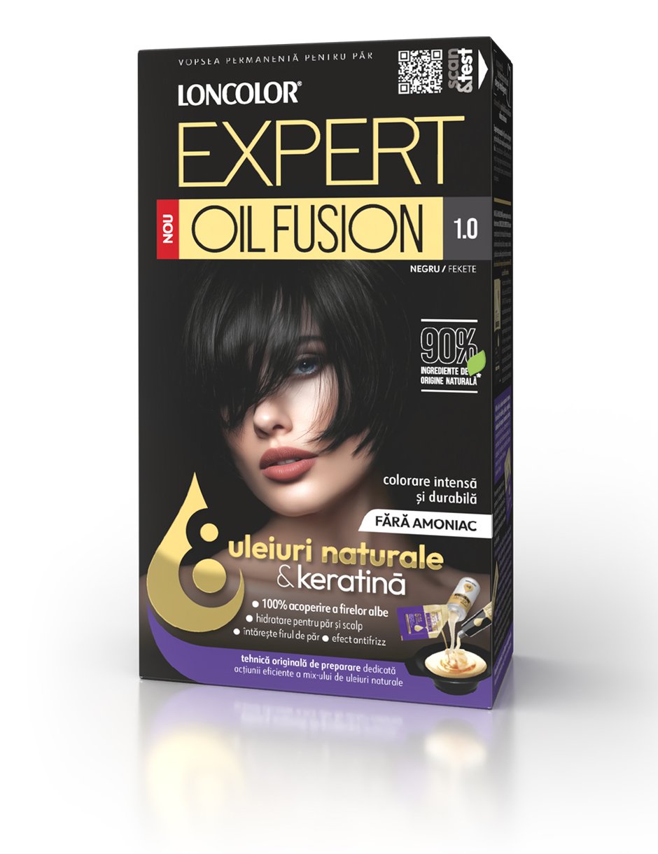 Vopsea permanentă pentru păr, fără amoniac, LONCOLOR EXPERT OIL FUSION 1.0 Negru