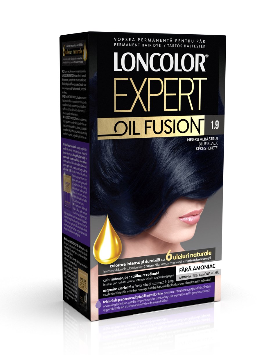 Vopsea permanentă pentru păr, fără amoniac, LONCOLOR EXPERT OIL FUSION 1.9 Negru Albăstrui