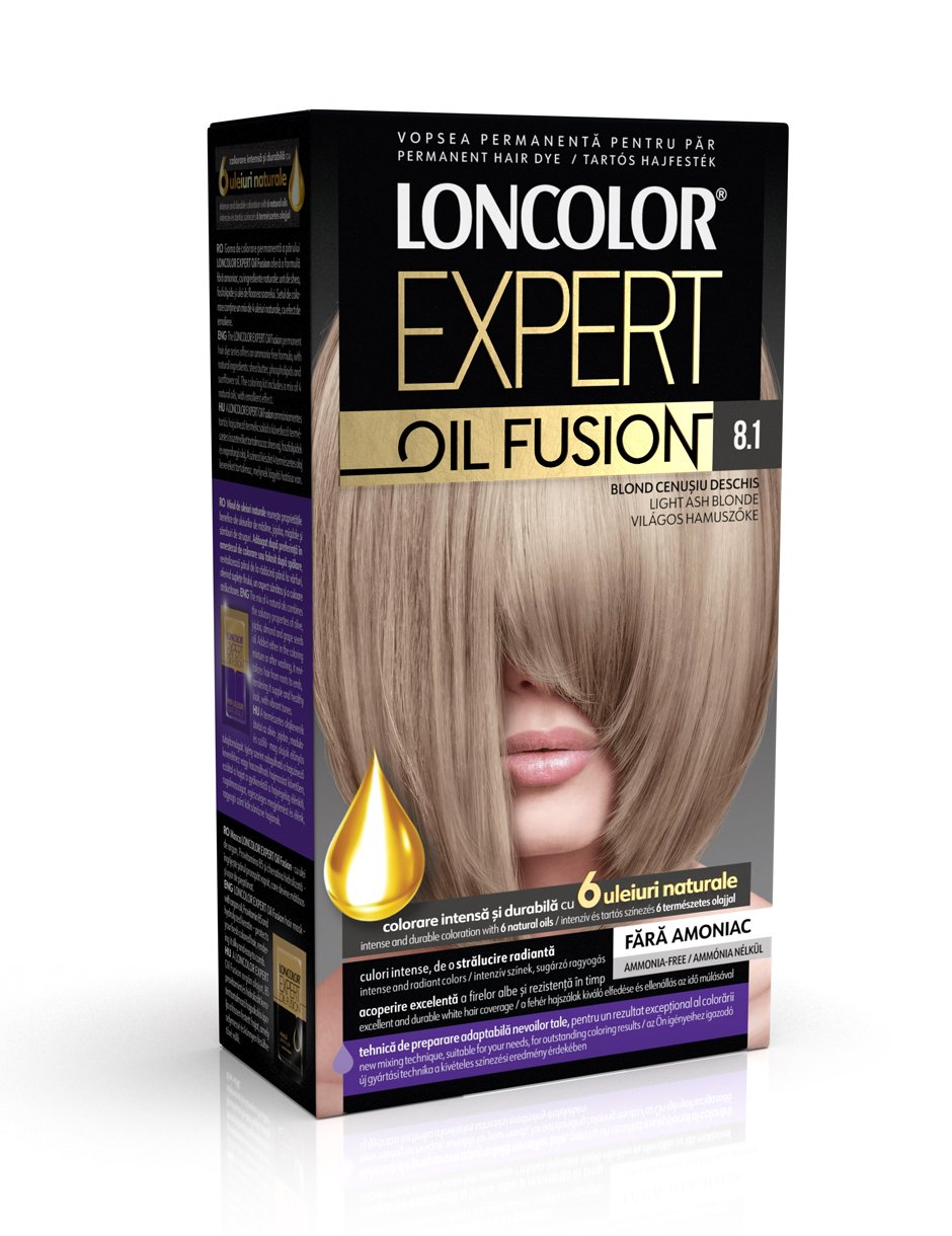 Vopsea permanentă pentru păr, fără amoniac, LONCOLOR EXPERT OIL FUSION 8.1 Blond Cenușiu Deschis