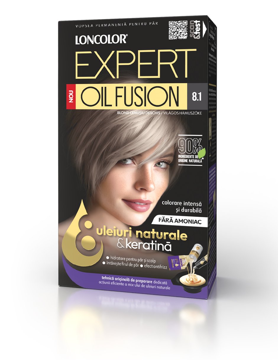 Vopsea permanentă pentru păr, fără amoniac, LONCOLOR EXPERT OIL FUSION 8.1 Blond Cenușiu Deschis