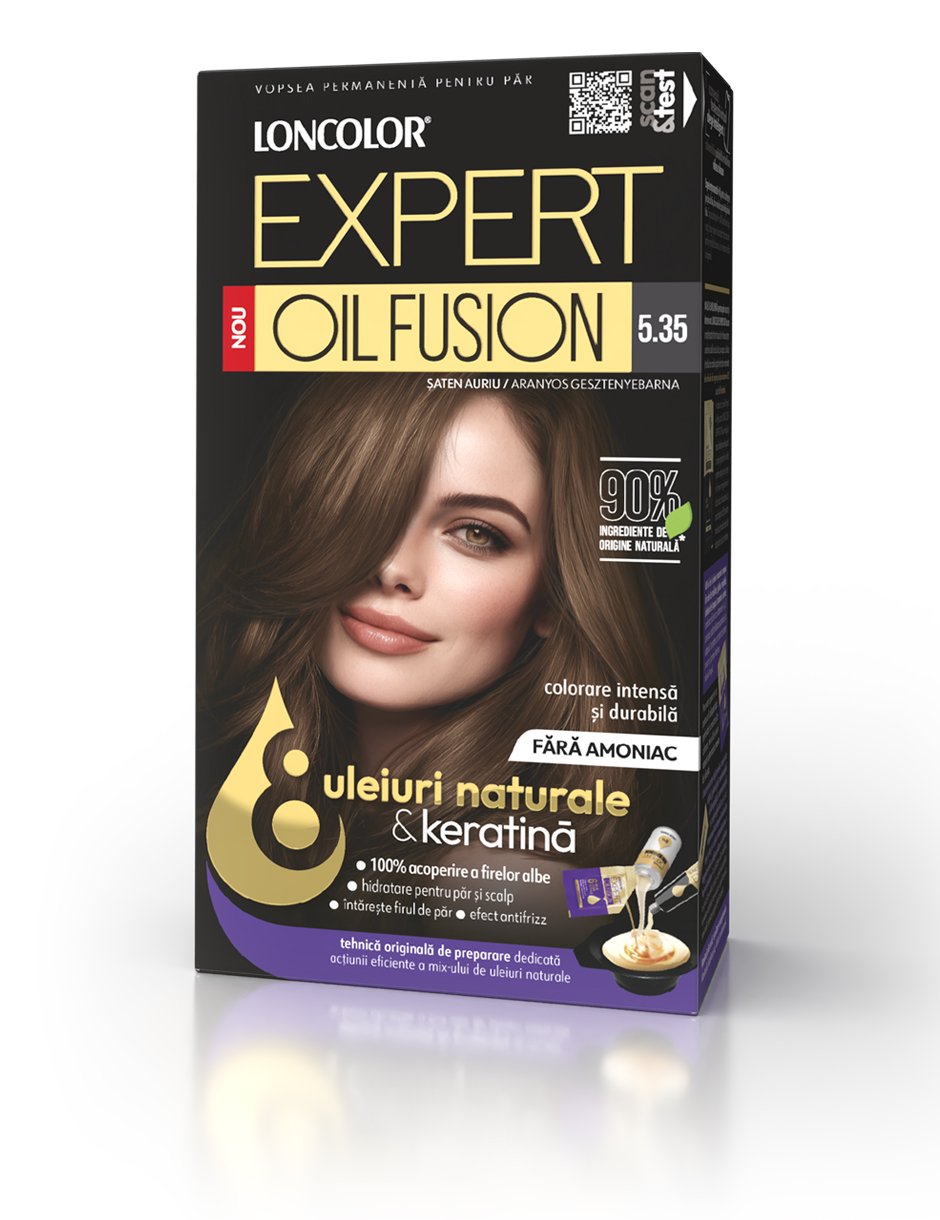 Vopsea permanentă, fără amoniac, pentru păr  LONCOLOR EXPERT OIL FUSION 5.35 Șaten Auriu