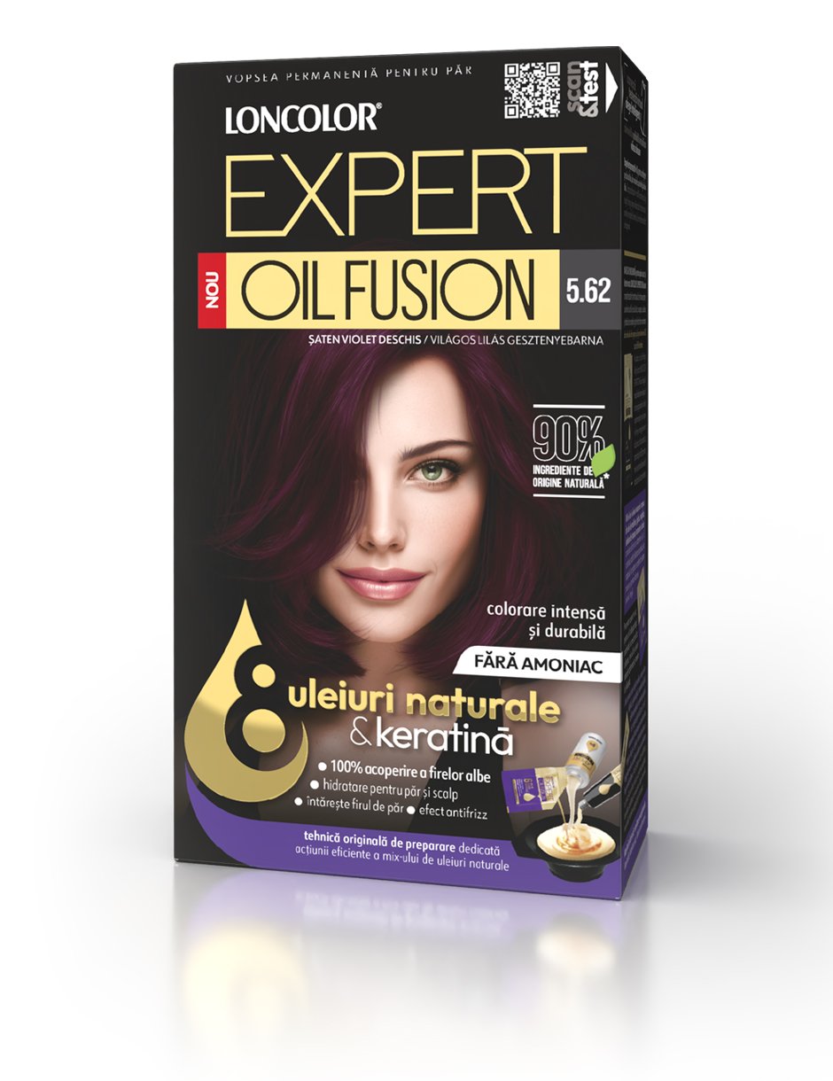 Vopsea permanentă pentru păr, fără amoniac, LONCOLOR EXPERT OIL FUSION 5.62 Șaten Violet Deschis