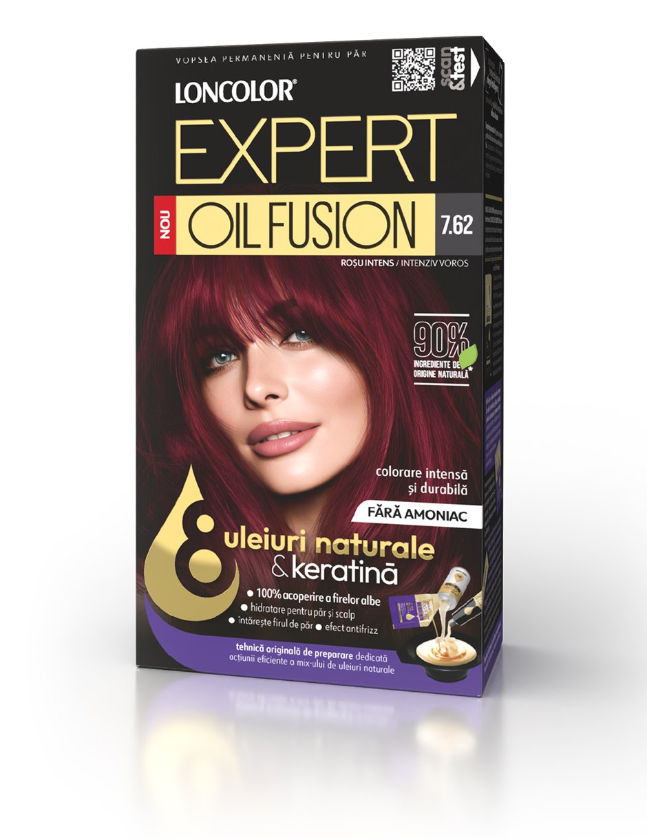 Vopsea permanentă pentru păr, fără amoniac, LONCOLOR EXPERT OIL FUSION 7.62 Roșu Intens