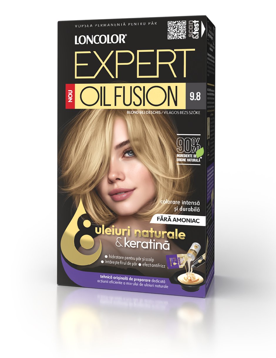 Vopsea permanentă pentru păr, fără amoniac, LONCOLOR EXPERT OIL FUSION 9.8 Blond Bej Deschis