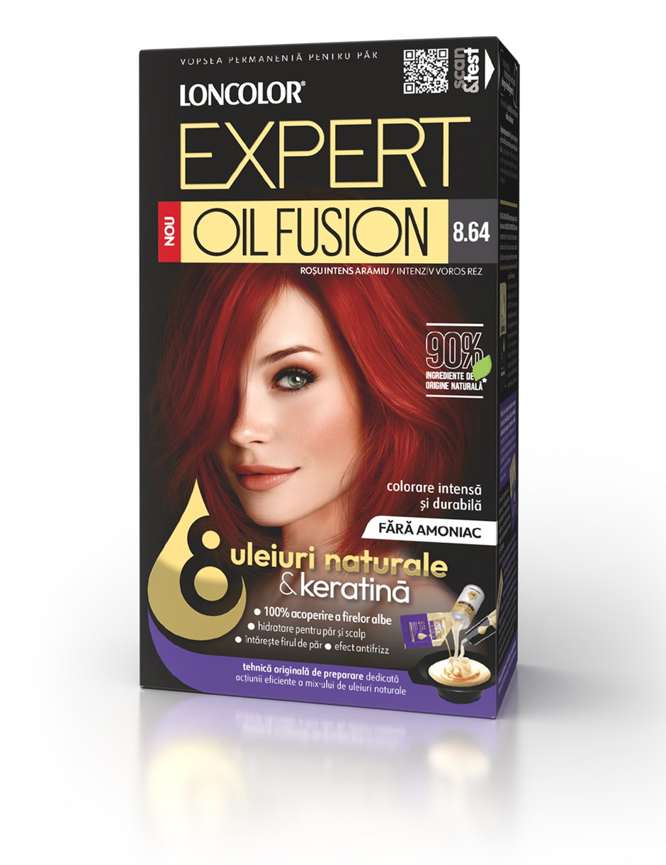Vopsea permanentă pentru păr, fără amoniac, LONCOLOR EXPERT OIL FUSION 8.64 Roșu Intens Arămiu