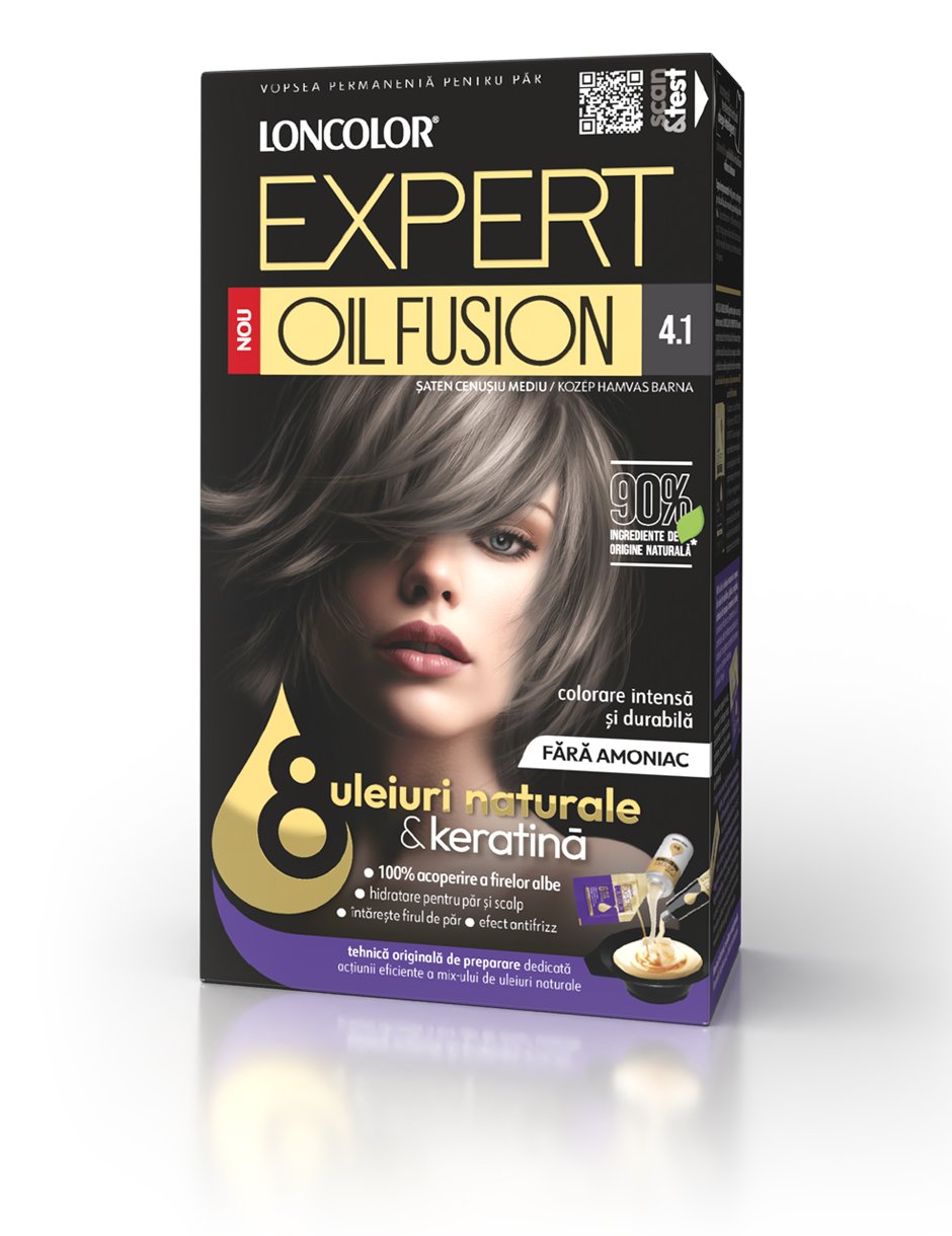 Vopsea permanentă pentru păr, fără amoniac, LONCOLOR EXPERT OIL FUSION 4.1 Șaten Cenușiu Mediu