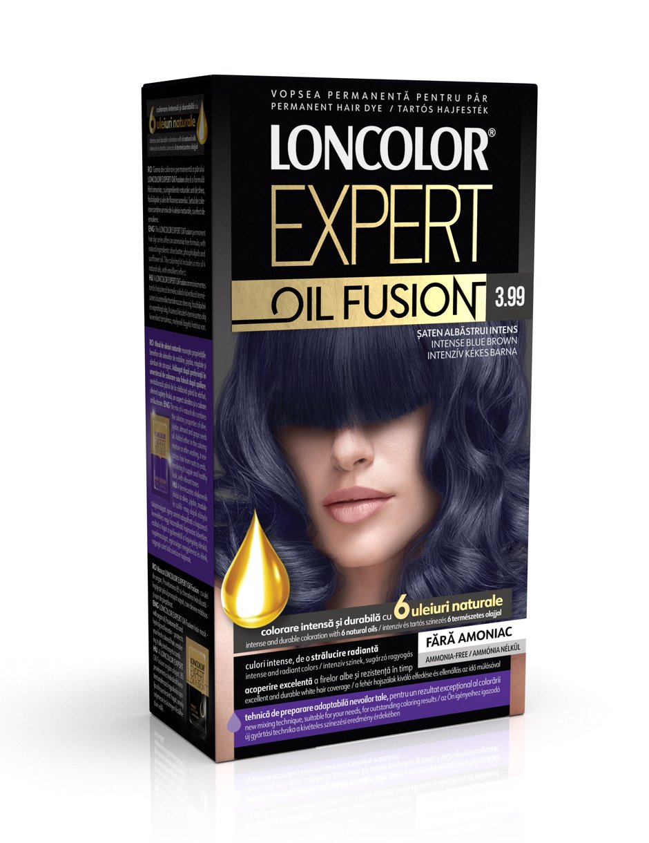 Vopsea permanentă pentru păr, fără amoniac, LONCOLOR EXPERT OIL FUSION 3.99 Șaten Albăstrui Intens