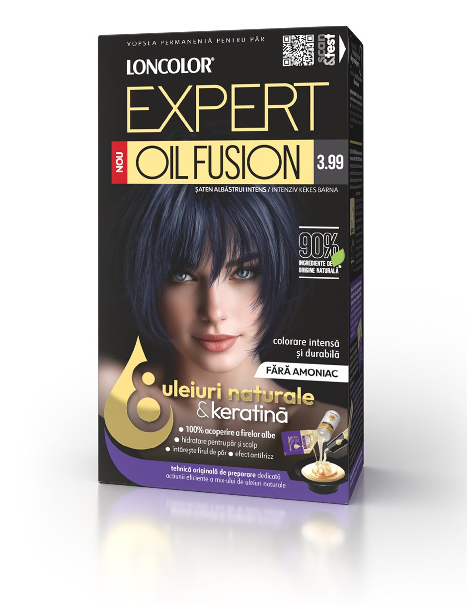 Vopsea permanentă pentru păr, fără amoniac, LONCOLOR EXPERT OIL FUSION 3.99 Șaten Albăstrui Intens