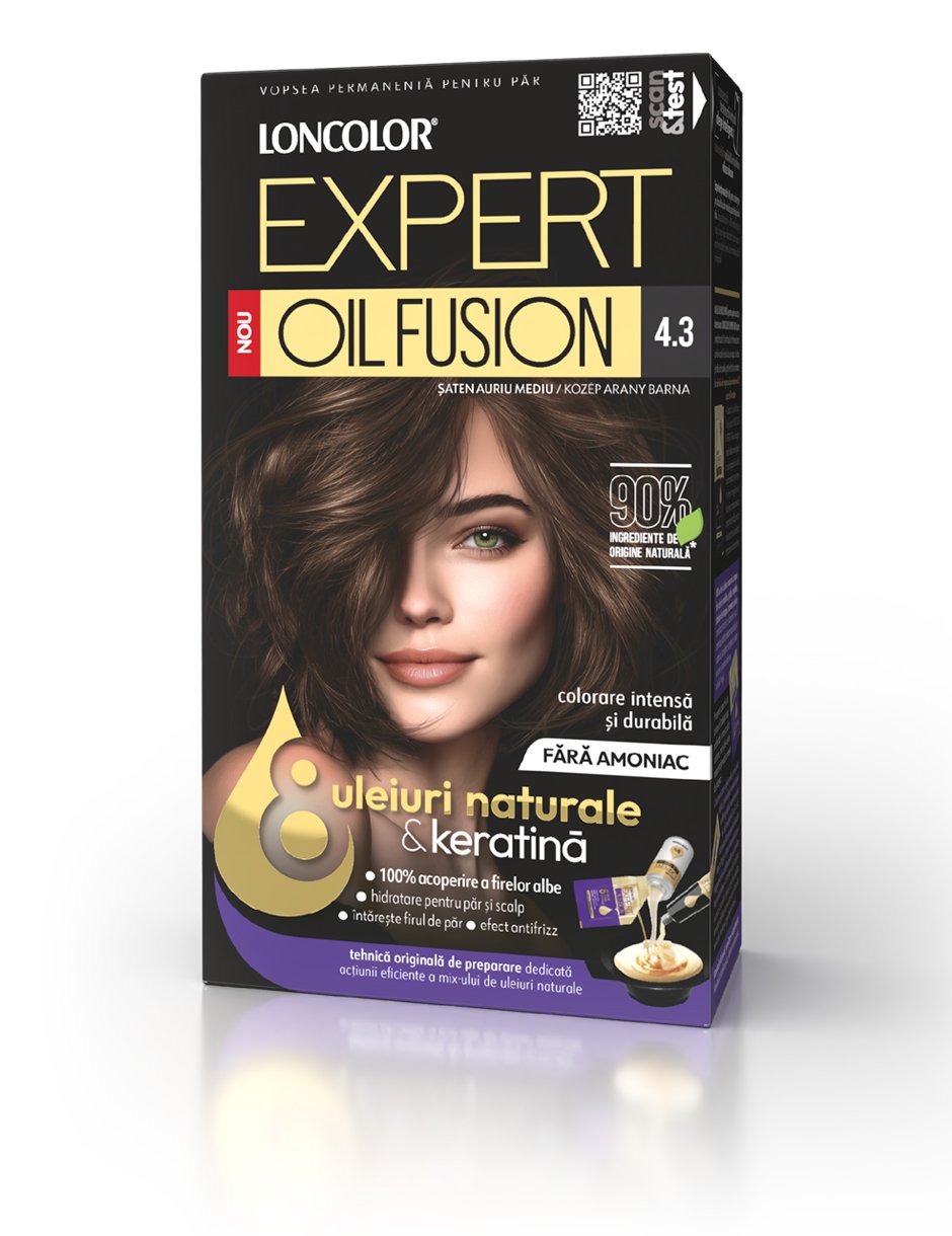 Vopsea permanentă pentru păr, fără amoniac, LONCOLOR EXPERT OIL FUSION 4.3 Șaten Auriu Mediu