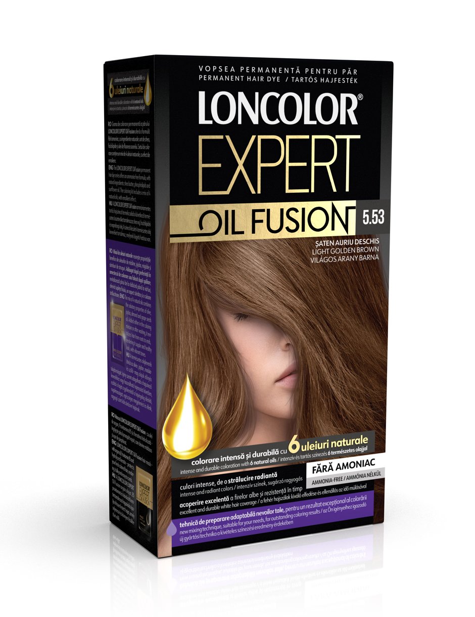 Vopsea permanentă pentru păr, fără amoniac, LONCOLOR EXPERT OIL FUSION 5.53 Șaten Auriu Deschis