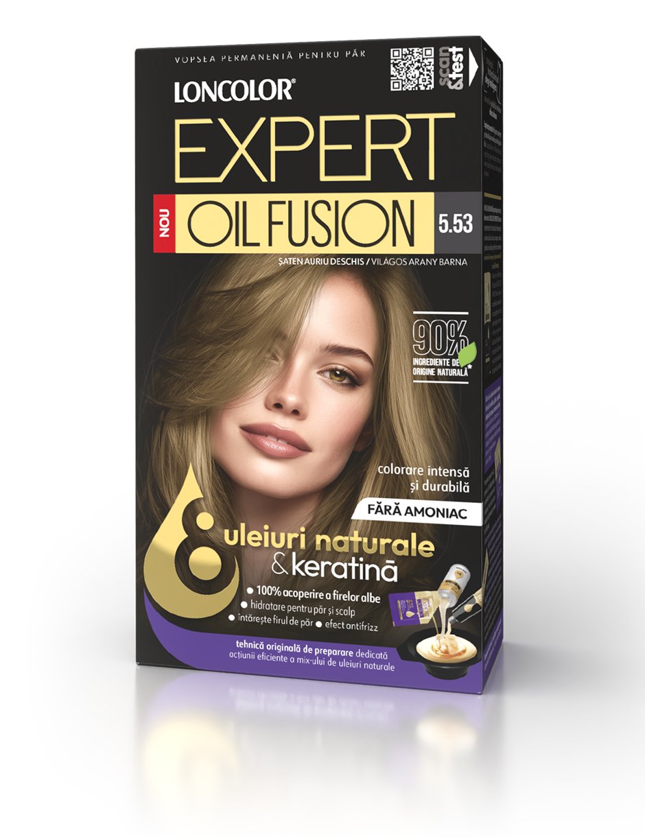 Vopsea permanentă pentru păr, fără amoniac, LONCOLOR EXPERT OIL FUSION 5.53 Șaten Auriu Deschis