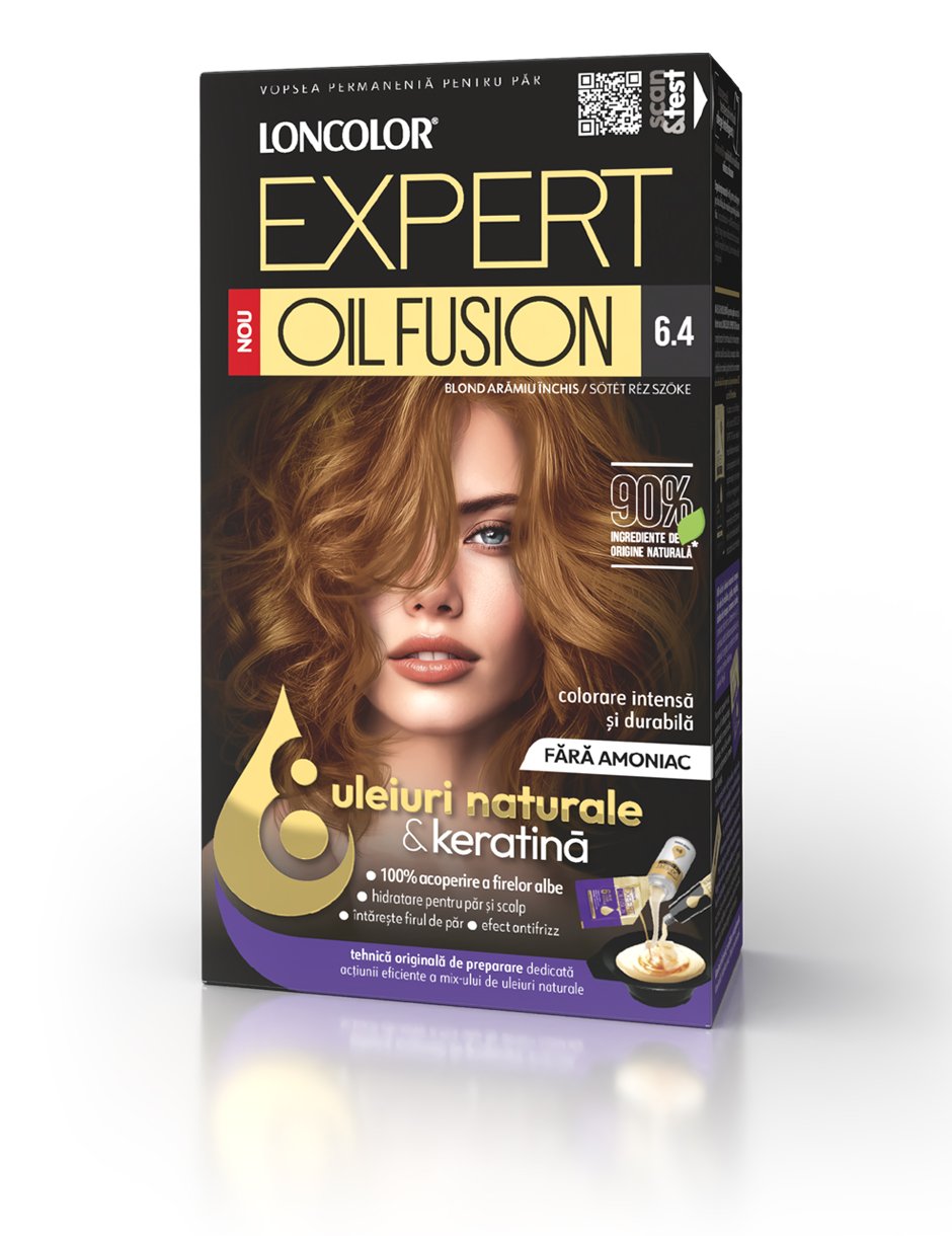 Vopsea permanentă pentru păr, fără amoniac, LONCOLOR EXPERT OIL FUSION 6.4 Blond arămiu închis