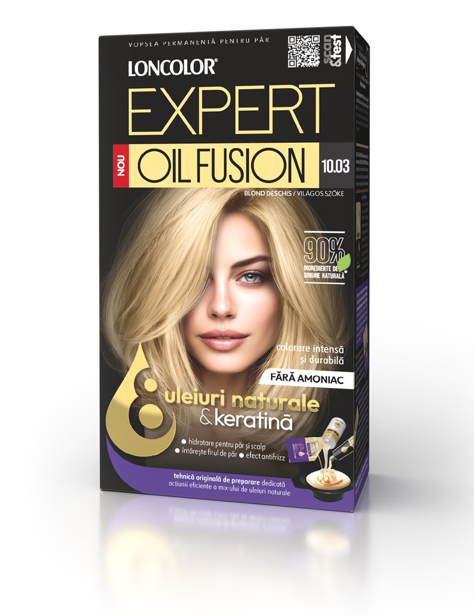 Vopsea permanentă pentru păr, fără amoniac, LONCOLOR EXPERT OIL FUSION 10.03 Blond Deschis