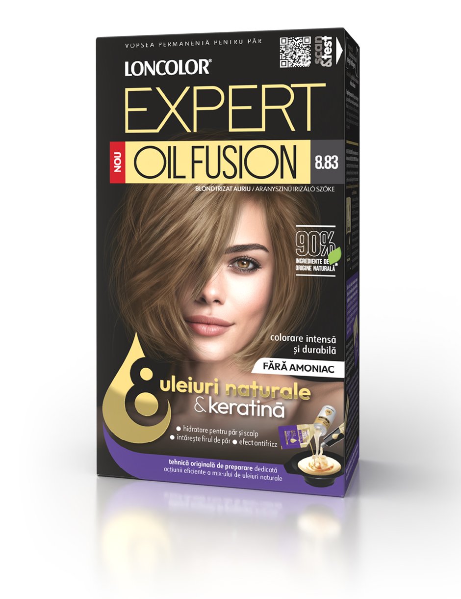 Vopsea permanentă pentru păr, fără amoniac, LONCOLOR Expert OIL FUSION 8.83 Blond irizat auriu