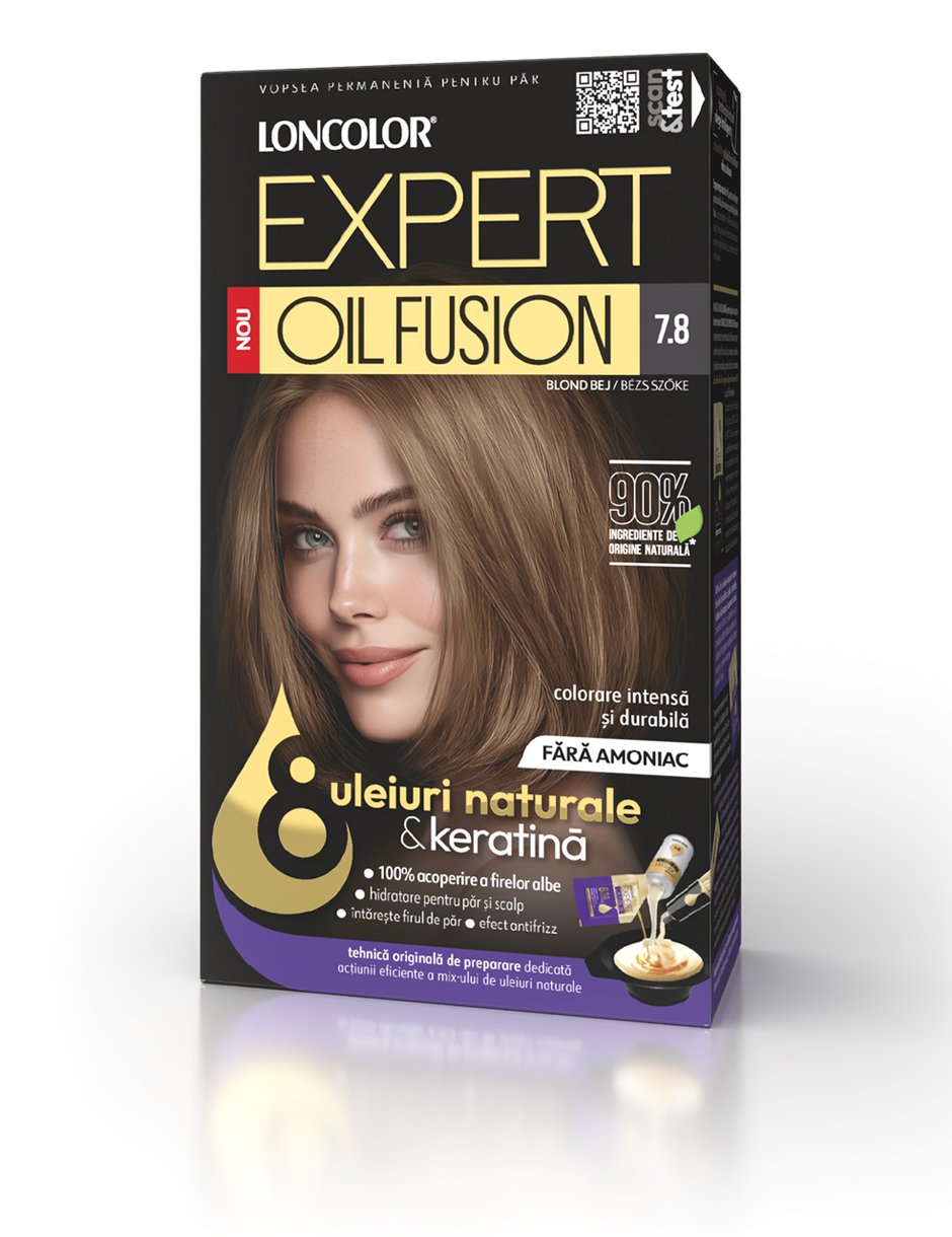 Vopsea permanentă pentru păr, fără amoniac, LONCOLOR Expert OIL FUSION 7.8 Blond bej