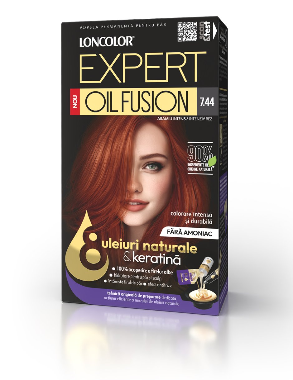 Vopsea permanentă pentru păr, fără amoniac, LONCOLOR Expert OIL FUSION 7.44 Arămiu intens